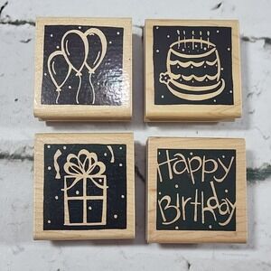 JRL Design Co Rubber Stamps Happy Birthday Lot Of 4 Balloons Cake Gift